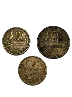 Vintage French 20 Franc & 10 Franc Coins - 1951